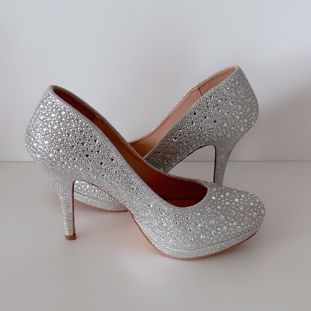 De Blossom Collection Silver Rhinestone Heels Bling Sparkly Party Platform Pumps